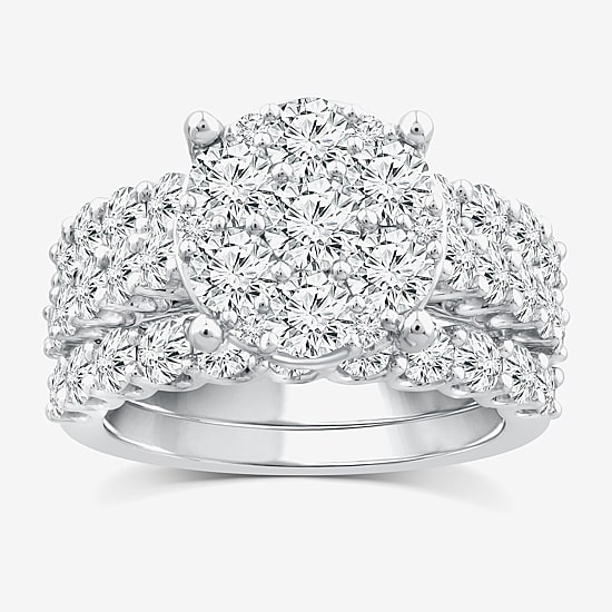 (G / Si1-Si2) Womens 4 CT. T.W. Lab Grown White Diamond 10K Gold Round Side Stone Halo Bridal Set