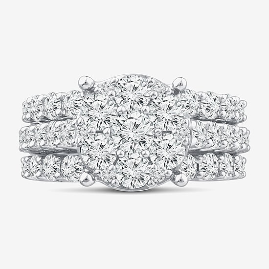 (G / Si1-Si2) Womens 4 CT. T.W. Lab Grown White Diamond 10K Gold Round Side Stone Halo Bridal Set
