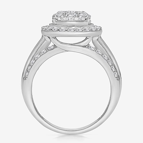 (I / I1) Womens 2 CT. T.W. Lab Grown White Diamond 10K Gold Pear Side Stone Halo Engagement Ring