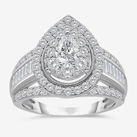 (I / I1) Womens 2 CT. T.W. Lab Grown White Diamond 10K Gold Pear Side Stone Halo Engagement Ring