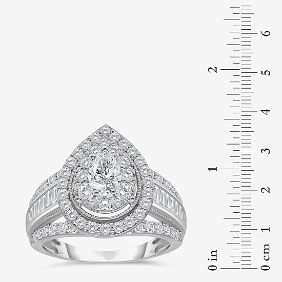(I / I1) Womens 2 CT. T.W. Lab Grown White Diamond 10K Gold Pear Side Stone Halo Engagement Ring