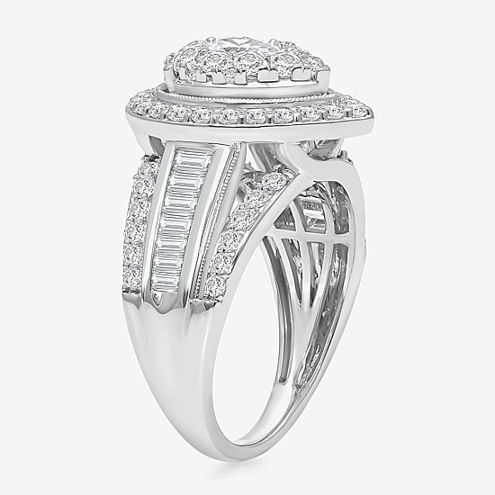 (I / I1) Womens 2 CT. T.W. Lab Grown White Diamond 10K Gold Pear Side Stone Halo Engagement Ring