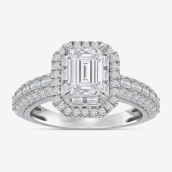 (I / I1) Womens 2 CT. T.W. Lab Grown White Diamond 10K Gold Side Stone Halo Engagement Ring