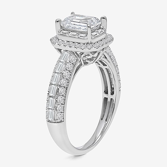 (I / I1) Womens 2 CT. T.W. Lab Grown White Diamond 10K Gold Side Stone Halo Engagement Ring