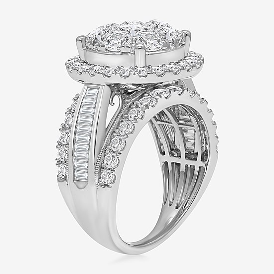 (I / I1) Womens 4 CT. T.W. Lab Grown White Diamond 10K Gold Round Side Stone Halo Engagement Ring