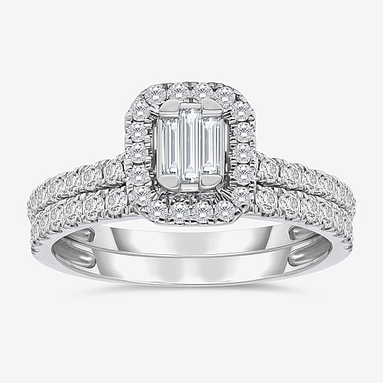 (I / I1) Womens 1 CT. T.W. Lab Grown White Diamond 10K Gold Side Stone Halo Engagement Ring