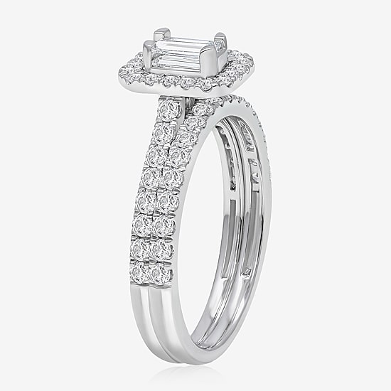 (I / I1) Womens 1 CT. T.W. Lab Grown White Diamond 10K Gold Side Stone Halo Engagement Ring