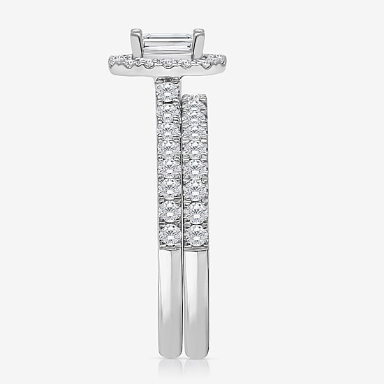 (I / I1) Womens 1 CT. T.W. Lab Grown White Diamond 10K Gold Side Stone Halo Engagement Ring