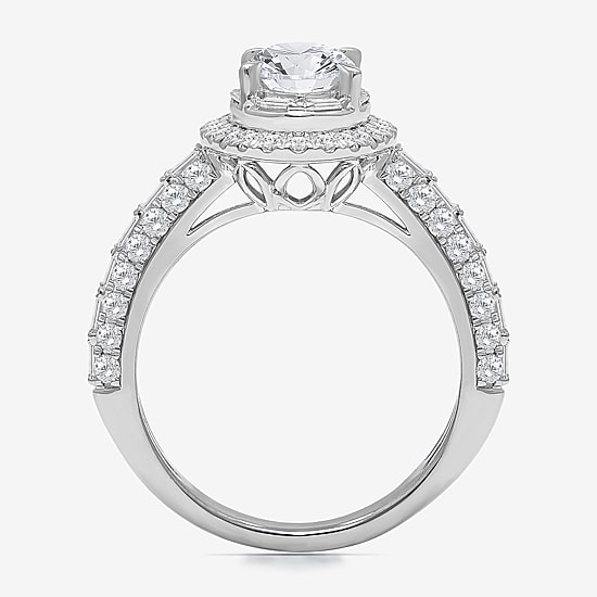 (I / I1) Womens 2 CT. T.W. Lab Grown White Diamond 10K Gold Oval Side Stone Halo Engagement Ring