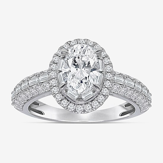 (I / I1) Womens 2 CT. T.W. Lab Grown White Diamond 10K Gold Oval Side Stone Halo Engagement Ring