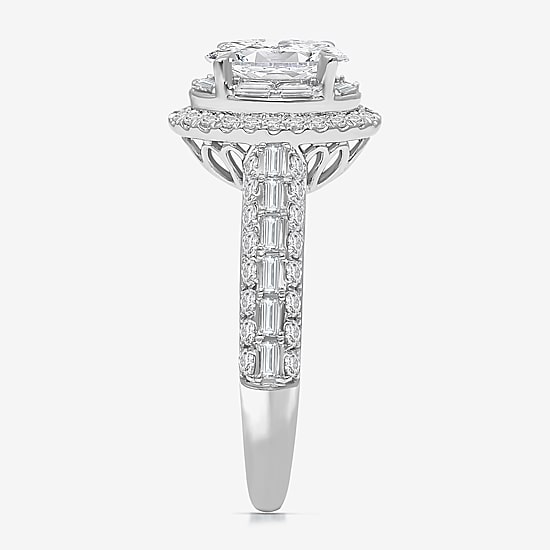 (I / I1) Womens 2 CT. T.W. Lab Grown White Diamond 10K Gold Oval Side Stone Halo Engagement Ring