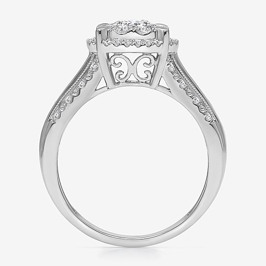 (I / I1) Womens 1 CT. T.W. Lab Grown White Diamond 10K Gold Round Side Stone Halo Engagement Ring