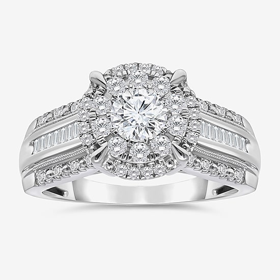 (I / I1) Womens 1 CT. T.W. Lab Grown White Diamond 10K Gold Round Side Stone Halo Engagement Ring