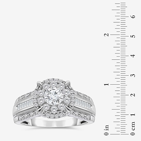 (I / I1) Womens 1 CT. T.W. Lab Grown White Diamond 10K Gold Round Side Stone Halo Engagement Ring