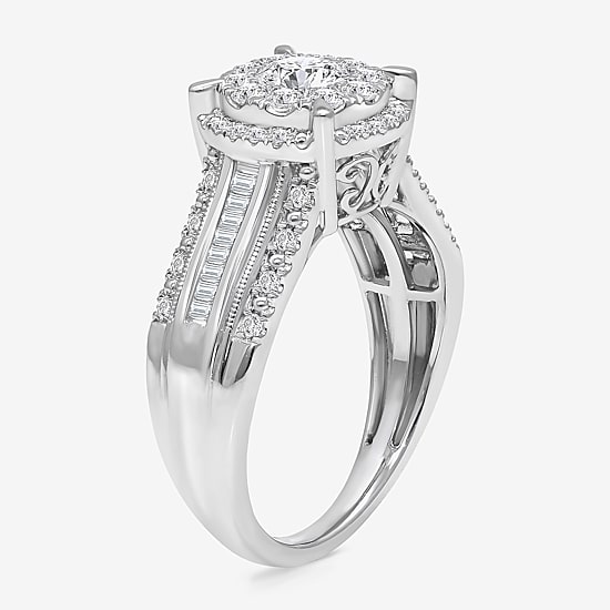 (I / I1) Womens 1 CT. T.W. Lab Grown White Diamond 10K Gold Round Side Stone Halo Engagement Ring