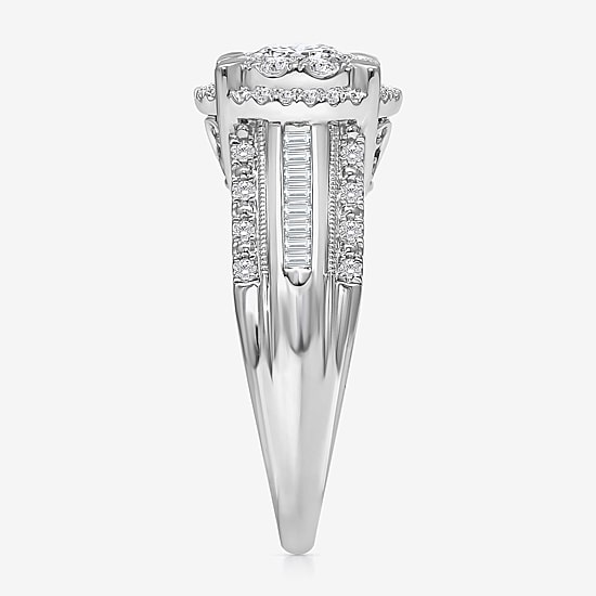 (I / I1) Womens 1 CT. T.W. Lab Grown White Diamond 10K Gold Round Side Stone Halo Engagement Ring