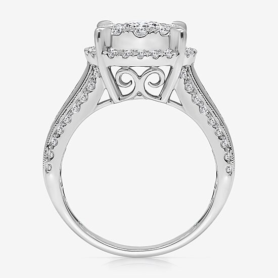 (I / I1) Womens 2 CT. T.W. Lab Grown White Diamond 10K Gold Round Side Stone Halo Engagement Ring