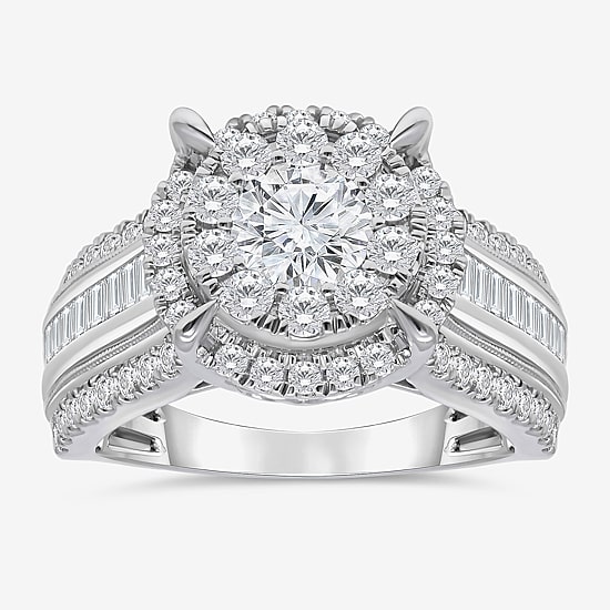 (I / I1) Womens 2 CT. T.W. Lab Grown White Diamond 10K Gold Round Side Stone Halo Engagement Ring