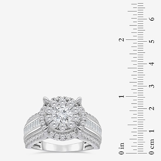 (I / I1) Womens 2 CT. T.W. Lab Grown White Diamond 10K Gold Round Side Stone Halo Engagement Ring