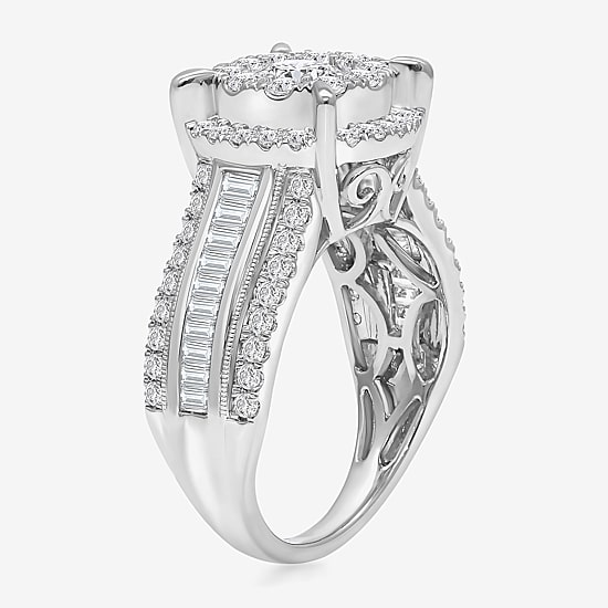 (I / I1) Womens 2 CT. T.W. Lab Grown White Diamond 10K Gold Round Side Stone Halo Engagement Ring