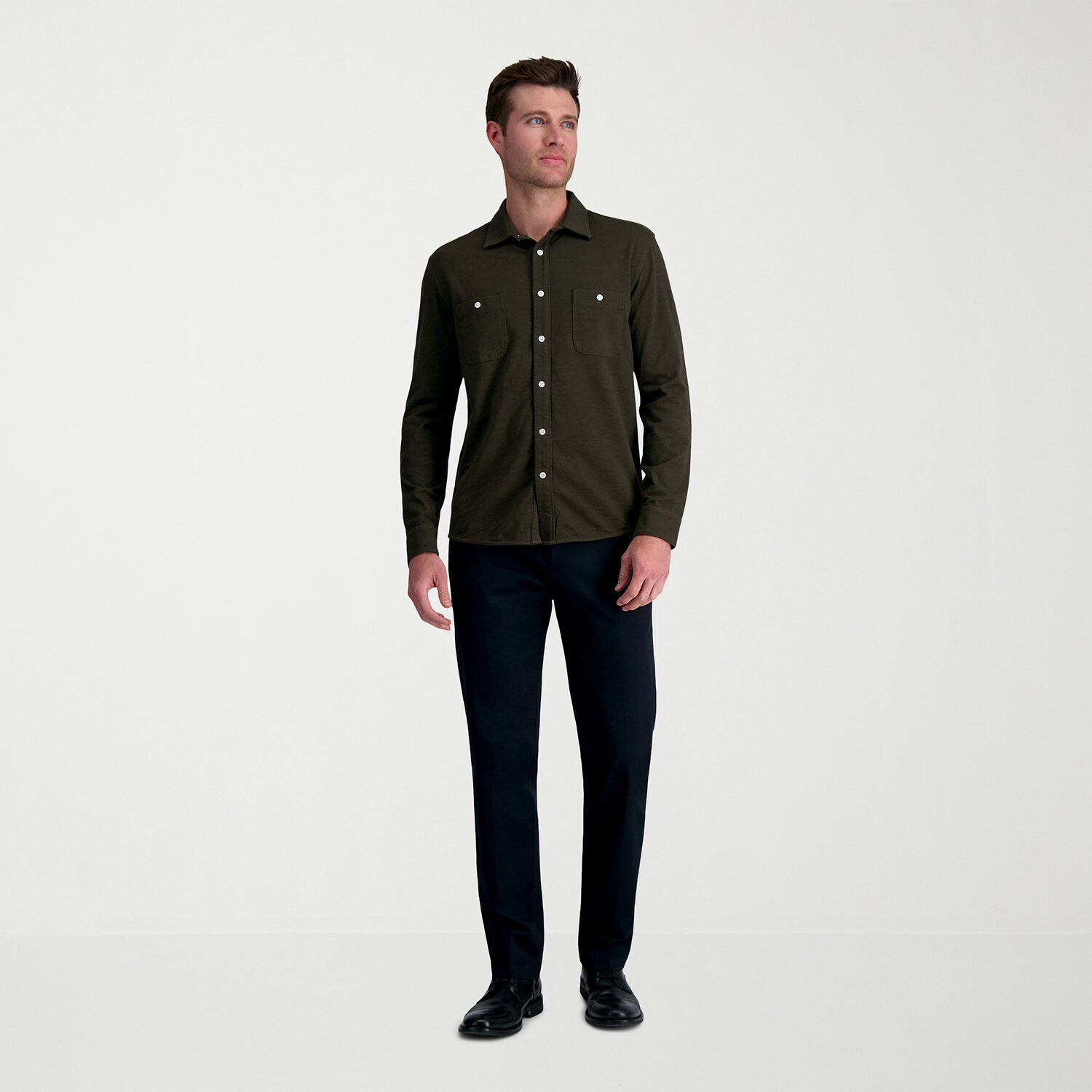 Haggar Wrinkle Free Performance Khaki Mens COMFORT WAISTBAND Straight Fit Flat Front Pant