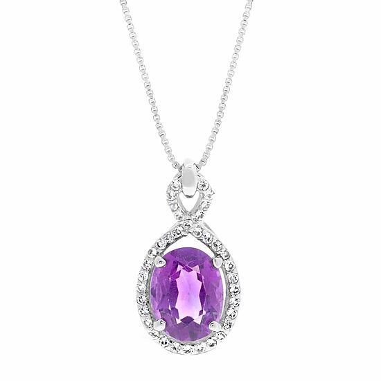 Womens Genuine Purple Amethyst Sterling Silver Oval 18 Inch Pendant Necklace