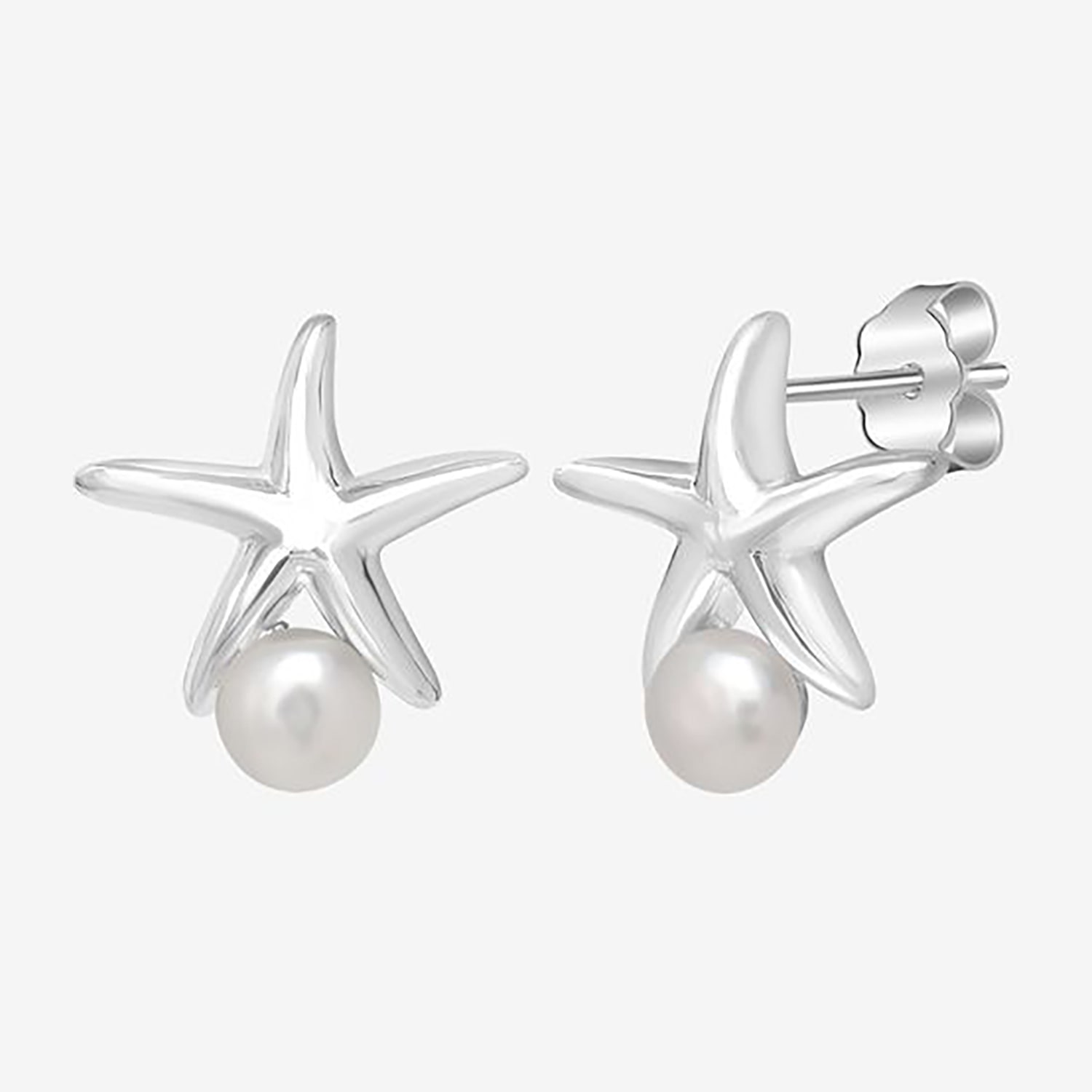 Silver Treasures White Simulated Pearl Sterling Silver 13.9mm Star Stud Earrings