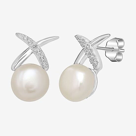 Silver Treasures White Simulated Pearl Sterling Silver 13.8mm Stud Earrings