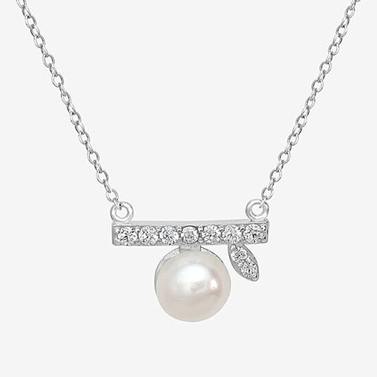 Silver Treasures Womens White Simulated Pearl Sterling Silver Bar 18 Inch Pendant Necklace