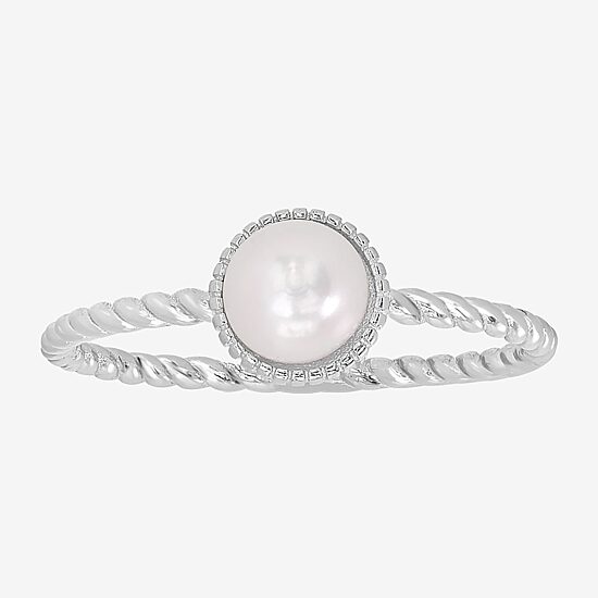 Silver Treasures Womens White Simulated Pearl Sterling Silver Round Band