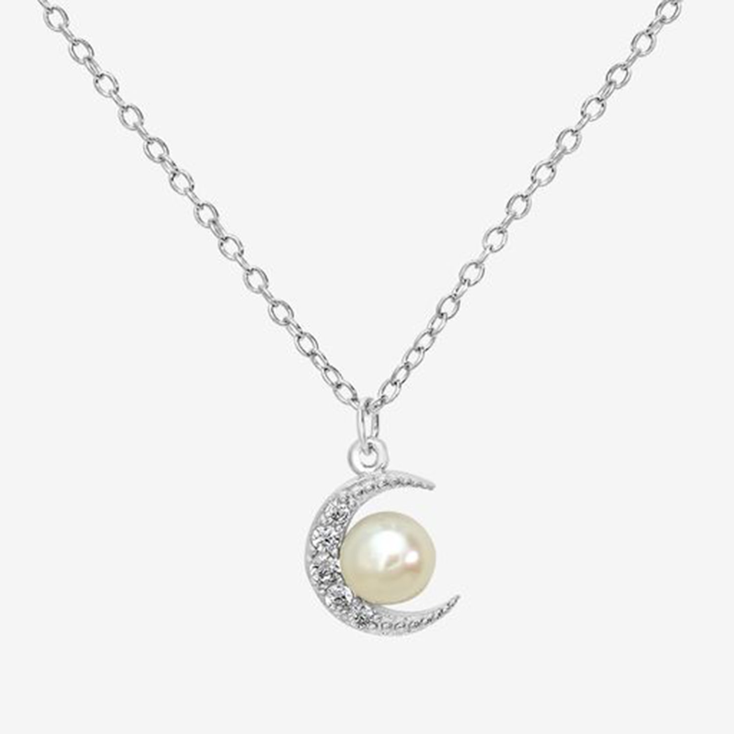 Silver Treasures Womens White Simulated Pearl Sterling Silver Moon 18 Inch Pendant Necklace