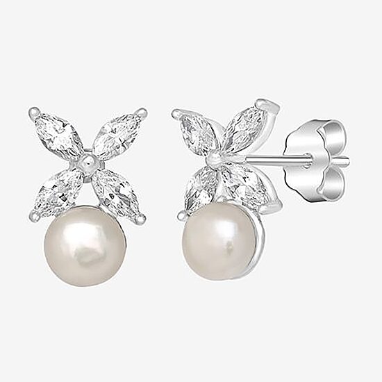 Silver Treasures White Simulated Pearl Sterling Silver 15mm Flower Stud Earrings