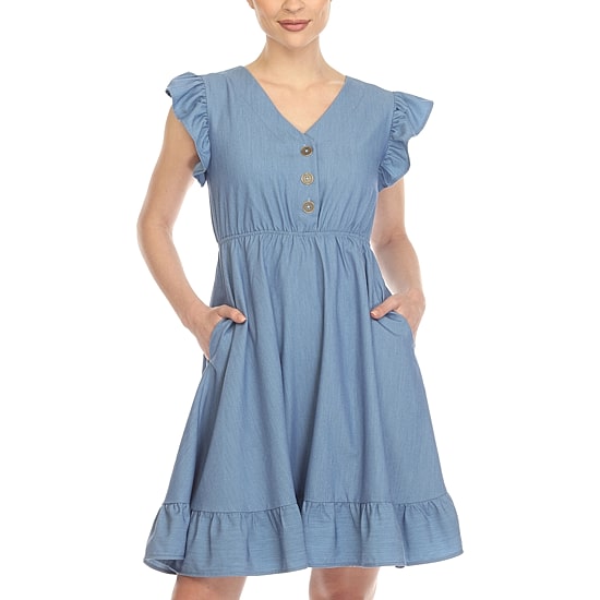White Mark Womens V Neck Short Sleeve Ruffled Empire Waist Dress
