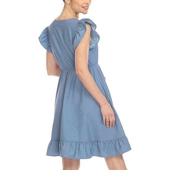 White Mark Womens V Neck Short Sleeve Ruffled Empire Waist Dress