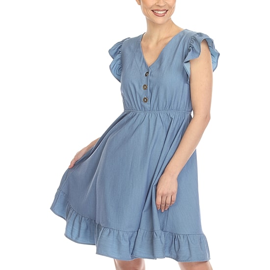 White Mark Womens V Neck Short Sleeve Ruffled Empire Waist Dress