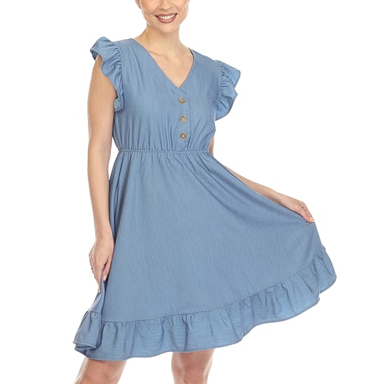 White Mark Womens V Neck Short Sleeve Ruffled Empire Waist Dress