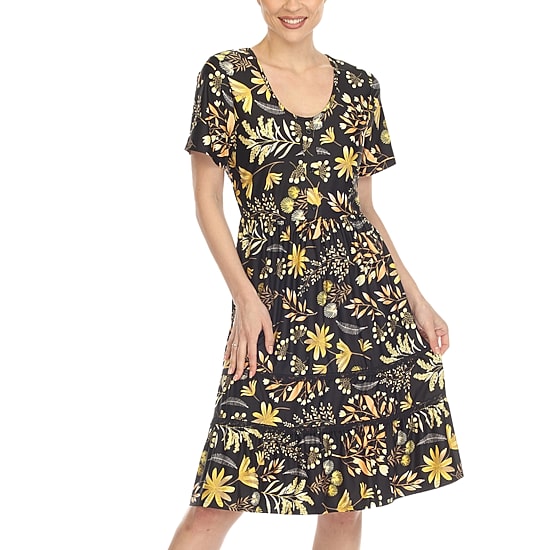 White Mark Womens Scoop Neck Short Sleeve Fitted Floral Fit + Flare Dress
