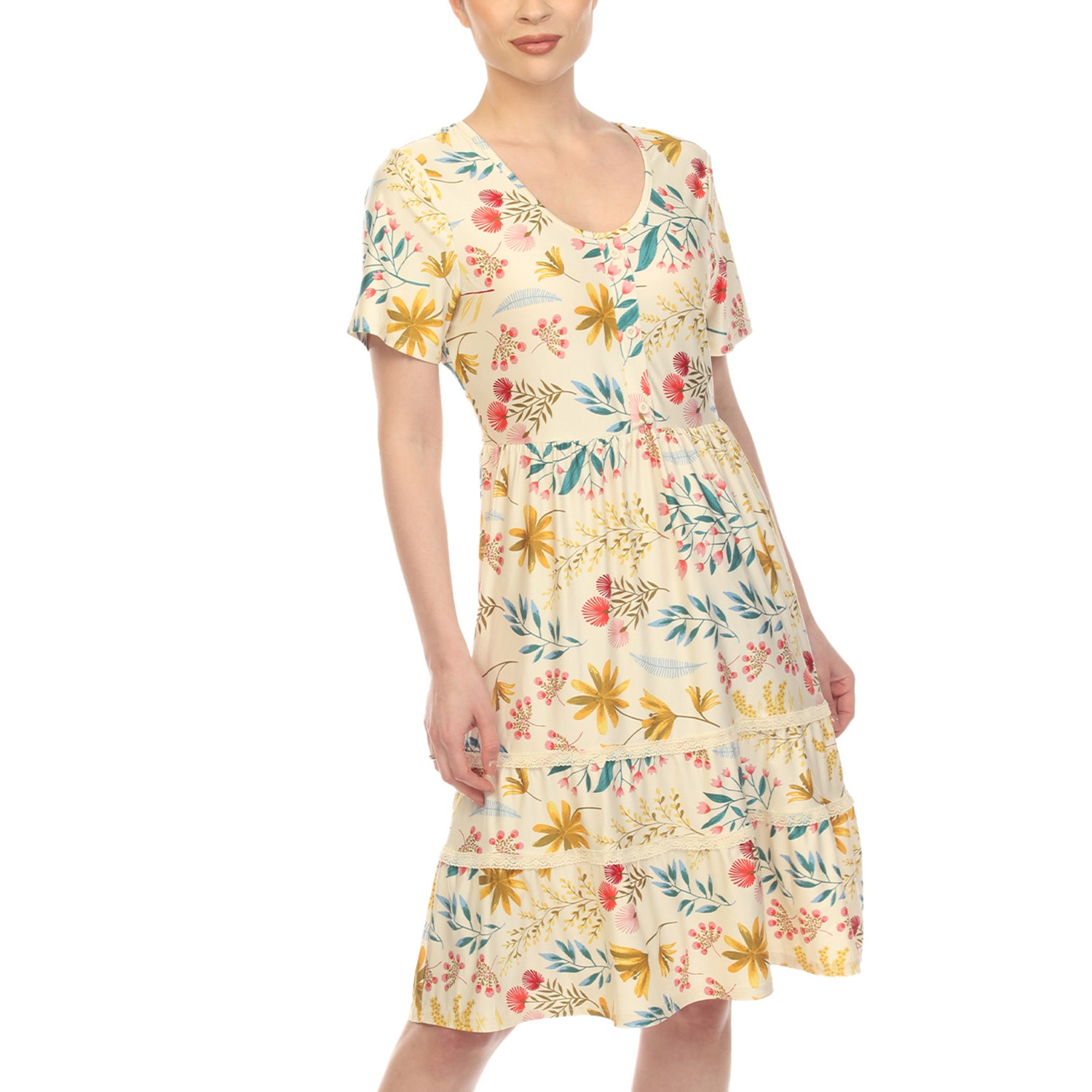 White Mark Womens Scoop Neck Short Sleeve Fitted Floral Fit + Flare Dress