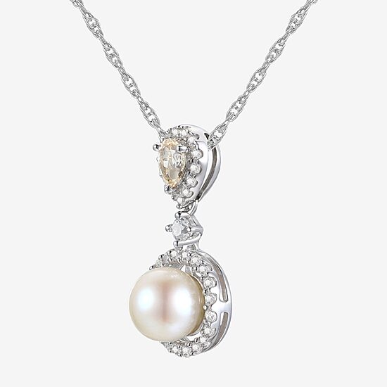 Womens White Cultured Freshwater Pearl Sterling Silver Pendant Necklace