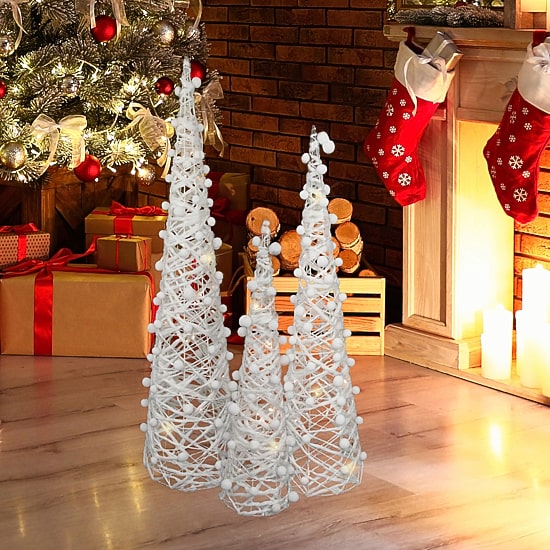 Set of 3 LED Lighted White Glittered Cone Tree Christmas Decoration 39.25"