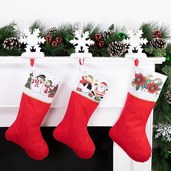 19'' Christmas Traditions Red  White and Gold Glittered Illustrated Poinsettia Bordered Stocking