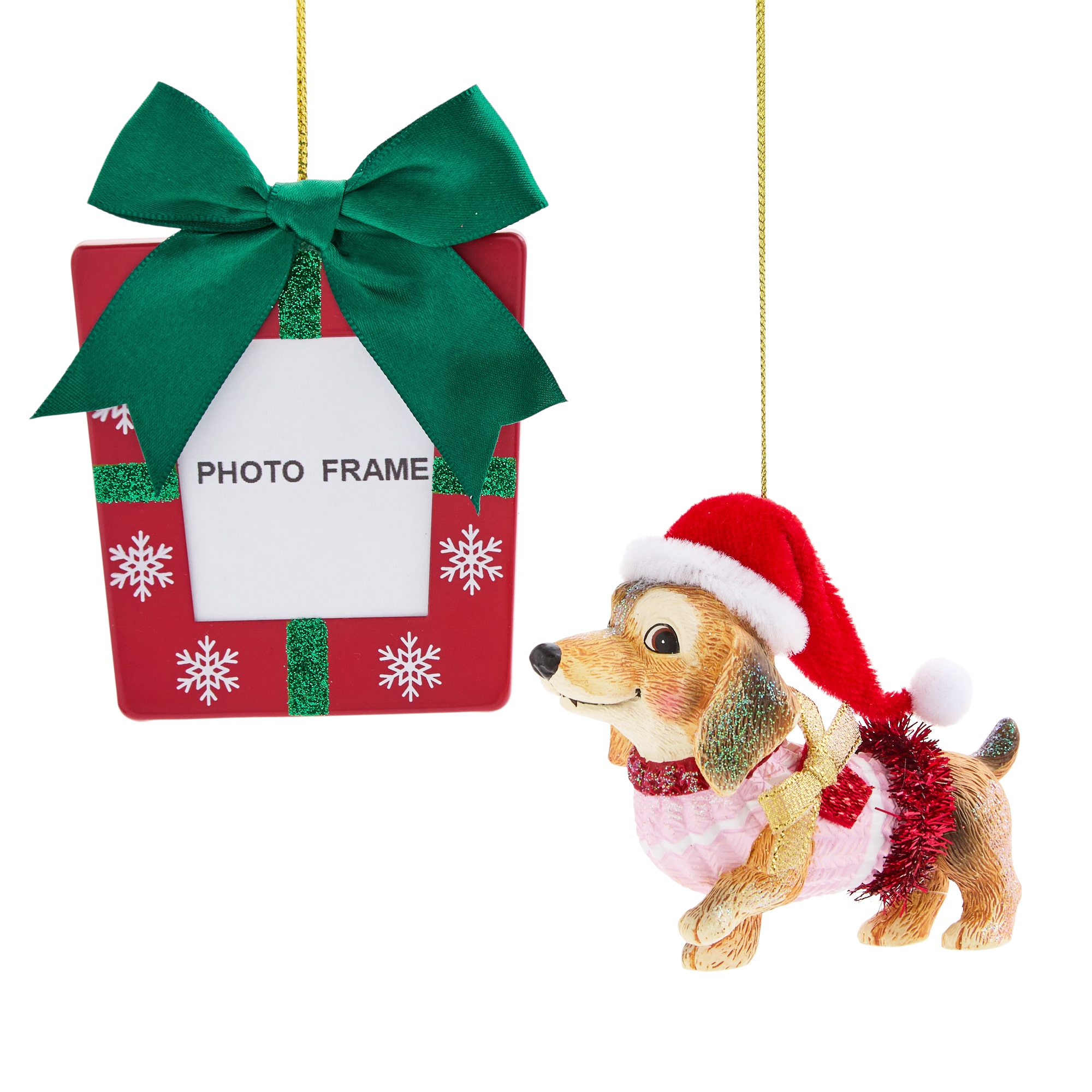 North Pole Trading Co. Tan Dachshund Red Frame 2-pc. Christmas Ornament