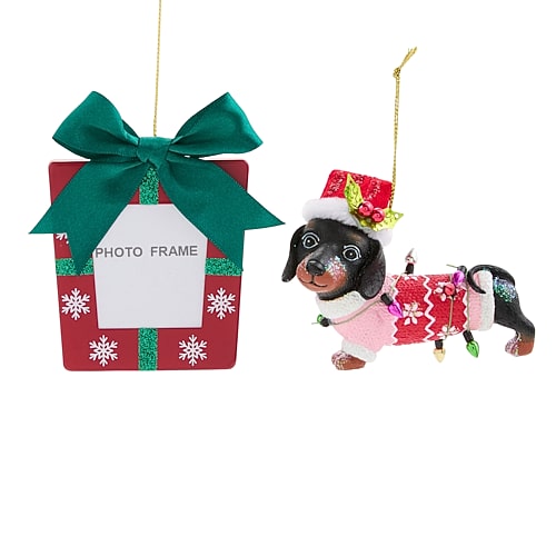 North Pole Trading Co . Blk Dachshund Red Frame 2-pc. Christmas Ornament