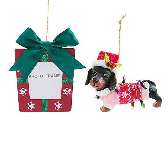 North Pole Trading Co. Blk Dachshund Red Frame 2-pc. Christmas Ornament