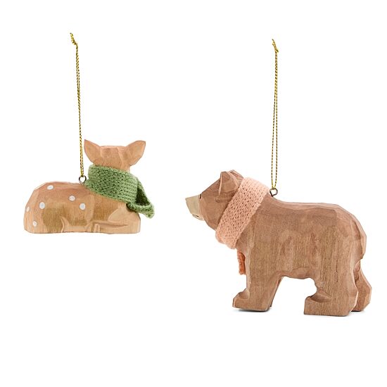 North Pole Trading Co. Wood Deer Bear 2-pc. Christmas Ornament