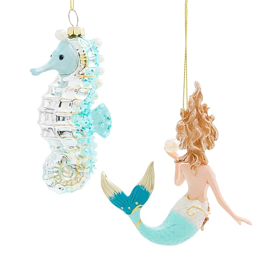 North Pole Trading Co. Blue Seahorse Marmaid 2-pc. Christmas Ornament