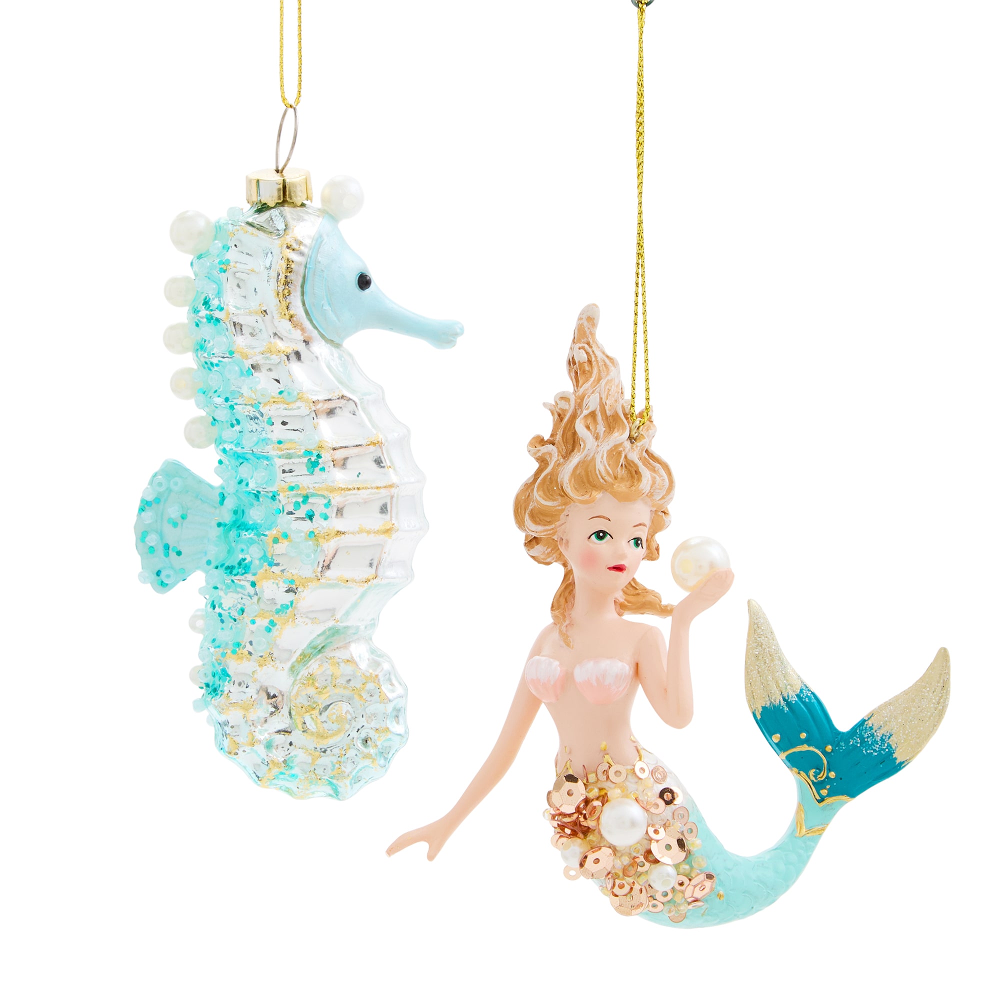 North Pole Trading Co. Blue Seahorse Marmaid 2-pc. Christmas Ornament