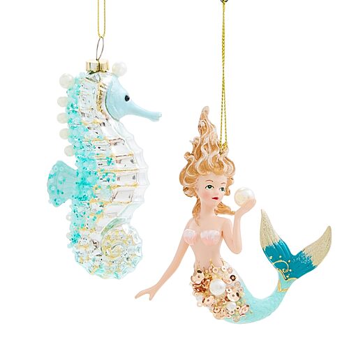 North Pole Trading Co . Blue Seahorse Marmaid 2-pc. Christmas Ornament