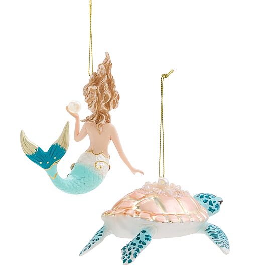 North Pole Trading Co. Glass Seaturtle Marmaid 2-pc. Christmas Ornament