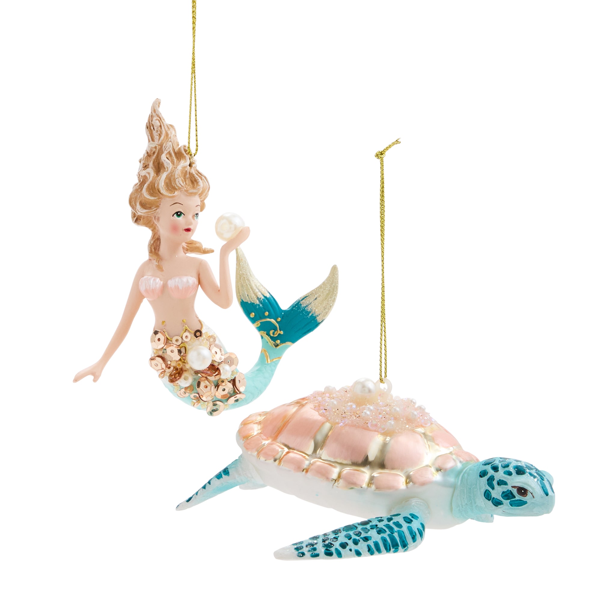 North Pole Trading Co. Glass Seaturtle Marmaid 2-pc. Christmas Ornament
